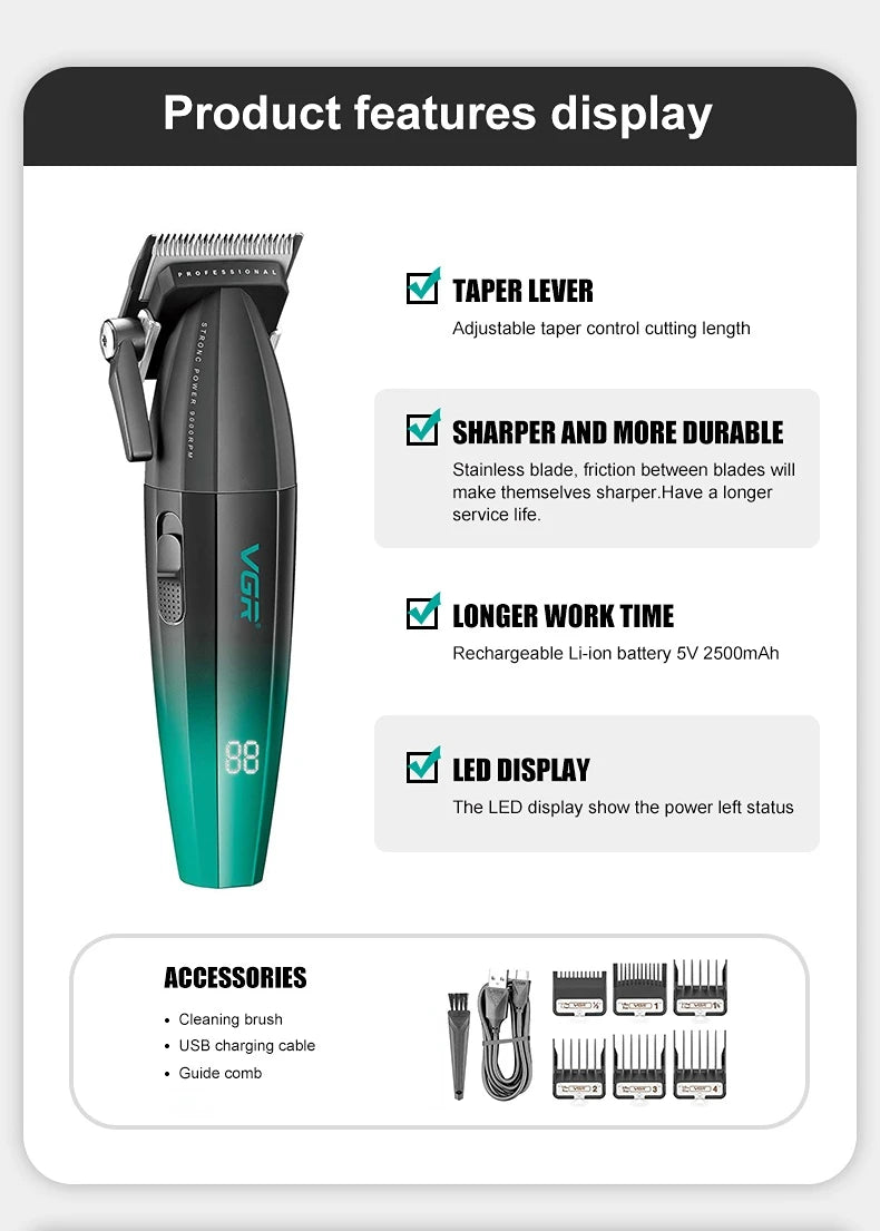 VGR Hair Clipper Cordless Hair Trimmer Professional Hair Cutting Machine Electric 9000 Rpm Haircut Clipper for Men V-003 V-906