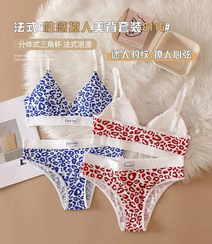 Summer New Women's Leopard Print Traceless and Steel Rim Bra Adjustable Shoulder Strap Back Women's Underwear Set