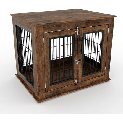 Garvee Wooden Dog Crate Furniture 80×60×66cm, Rustic Brown Pet Kennel with Openable Top and Double Lockable Doors, Bite Resistant Escape Proof Indoor Dog House Side Table