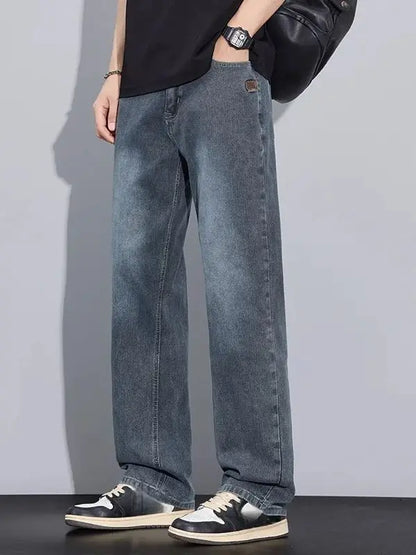 New Arrival American Vintage Wide Leg Elastic Denim Pants for Men Loose Straight Fit Flowy Versatile Casual Pants
