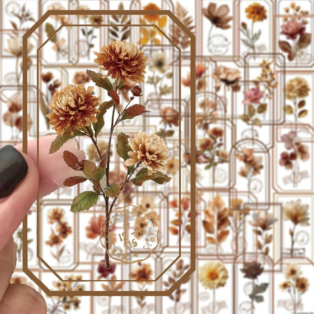 10/30/50pcs INS Style Retro Brown Flowers Stamp Stickers Aesthetic Decals DIY Luggage Motorcycle Bike Cartoon Decoration Sitcker