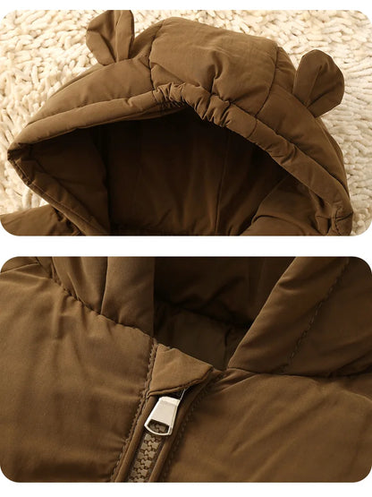 2024 Baby Thickened Cotton Coat Boys Warm Hooded Zip Jacket Autumn Winter New Girls Solid Colour Casual Fashion Cute Outerwear