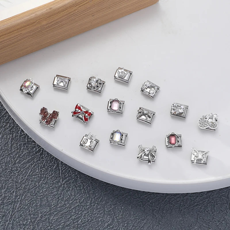 Y2K Butterfly Bow Knot Heart Star Moon Zircon Daisy Cross Italian Charm Links Fit 9mm Stainless Steel Bracelet DIY Making Gifts
