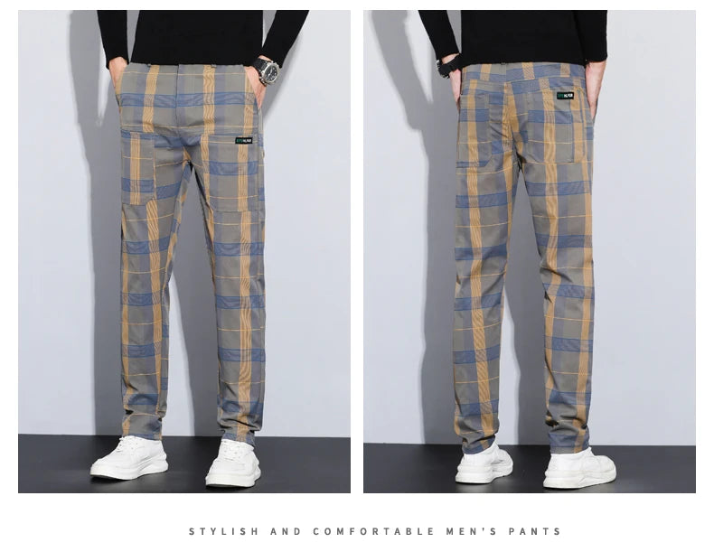 Autumn Winter Luxury Plaid Check Pattern Casual Pants Men Thick Business Elastic Waist Slim Fit Korean Pocket Long Trousers Male