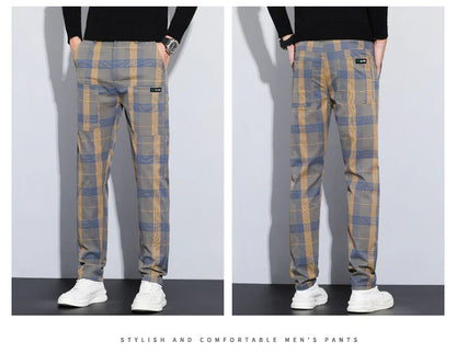 Autumn Winter Luxury Plaid Check Pattern Casual Pants Men Thick Business Elastic Waist Slim Fit Korean Pocket Long Trousers Male