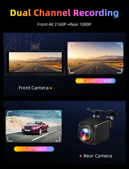 Srnubi 10.26 inch 4K ADAS Car DVR with 360° Rotation Dash Cam Wireless Carplay Android Auto Mirror Link BT WIFI AUX FM Dashboard