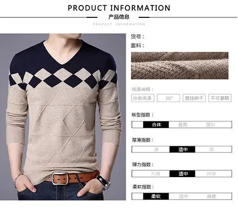Autumn Winter New Men V-neck Pullover Sweaters Plaid Casual Korean Clothing Tees Fashion Slim Long Sleeve Bottoming Knitted Tops