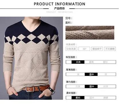 Autumn Winter New Men V-neck Pullover Sweaters Plaid Casual Korean Clothing Tees Fashion Slim Long Sleeve Bottoming Knitted Tops