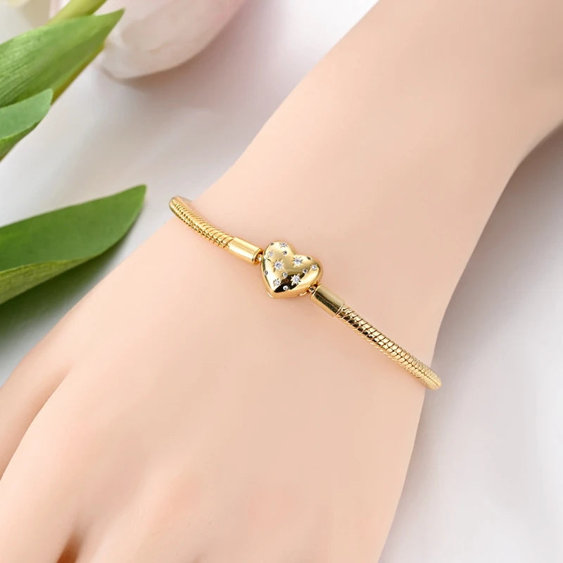 Original Bracelet 925 Sterling Silver Charm Bracelet 17-20CM Golden Heart Love Key Clover Bracelet Bangle Women Jewelry Gift