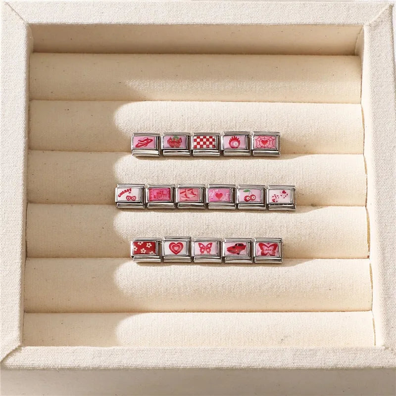 Wholesale Sweet Pink Series Stars Heart Flowers Butterfly Italian Link Fit 9mm Stainless Steel Bracelet Making DIY Charm Jewelry