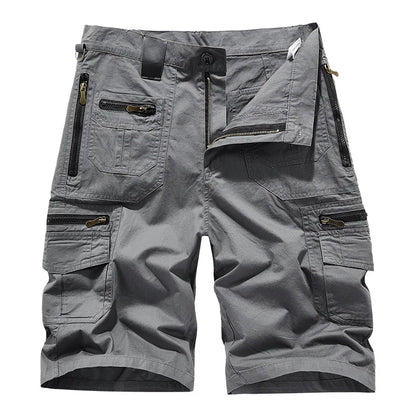 Men's Casual Shorts Summer Multi Pocket Workwear Shorts Male 100% Cotton Solid Breathable Fishing Cargo Knee Length Trousers