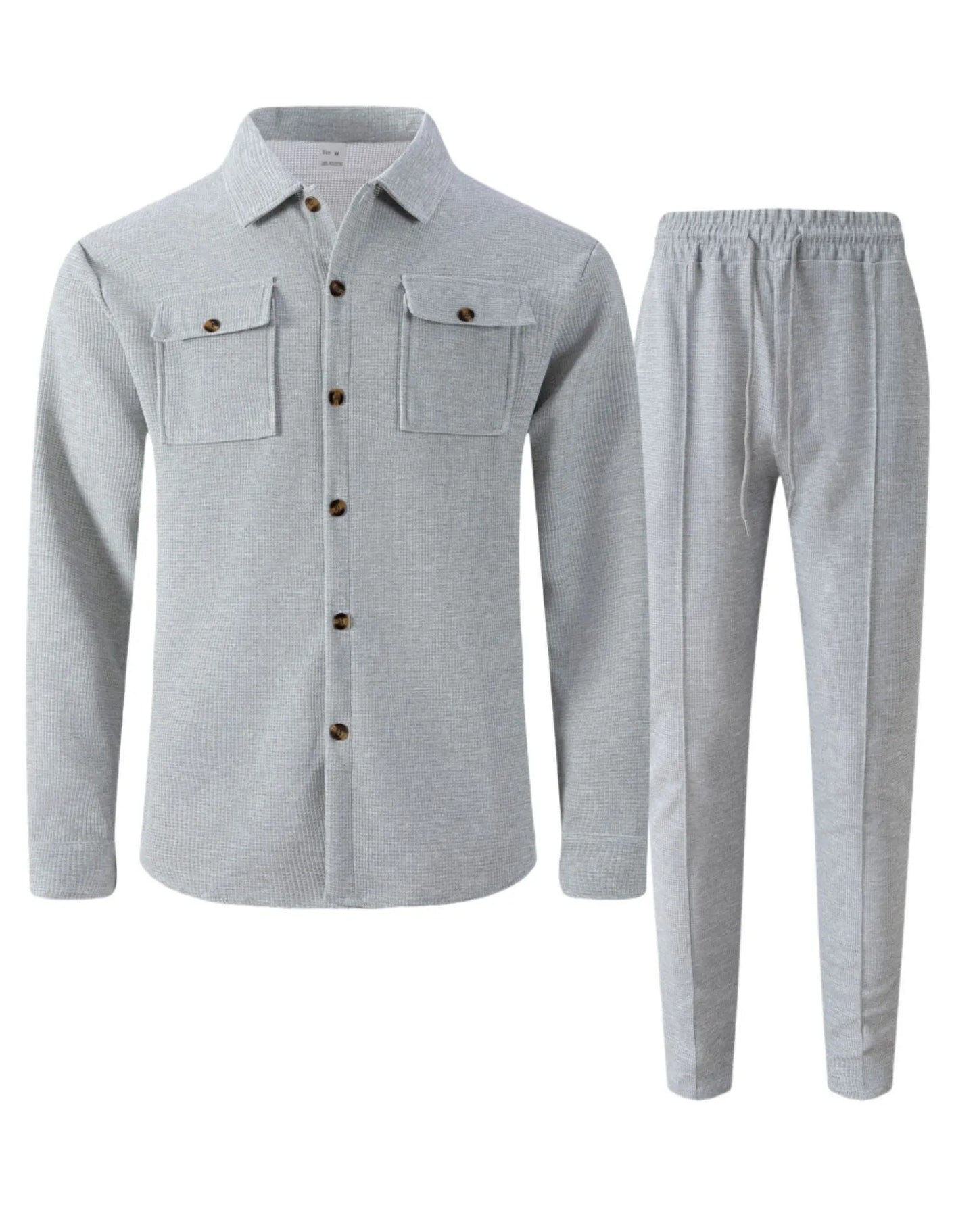 New autumn style waffle long-sleeved solid-color double-pocket buttoned cardigan shirt and pants set