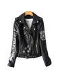 Ailegogo Spring Women Graffiti Print Pu Faux Leather Short Jacket Streetwear Female Retro Slim Zipper Moto Biker Coat Outwear