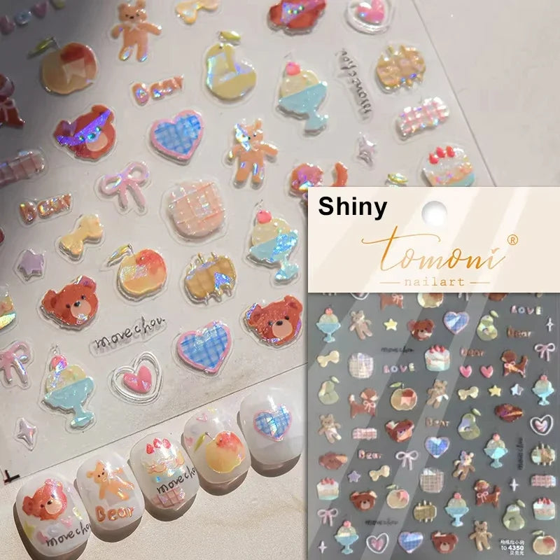 5D Cute Rabbit Love Heart Peach Blossom Flower Yellow Nail Art Stickers Bowknot DIY Self Adhesive Rhinestone Manicure Decals
