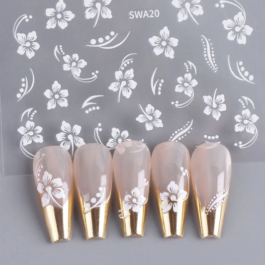 5D Hibiscus Flower Nail Embossed Sticker Acrylic Pink White Gold Petal Leaf Adhesive Decal Butterfly Dragon Floral Elegant Decor