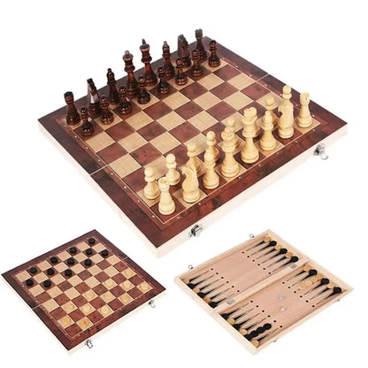 3-in-1 Chess&Backgammon&Checkers Set Chessboard Wooden Board Games Set Educational Improve Intelligence International Chess Game