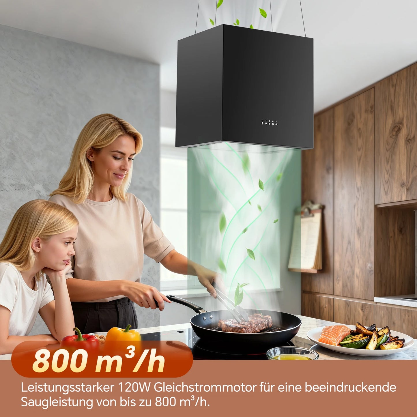 Island Hood 700/800m³/h, A+ Energy, 5-Layer Filter, LED, Ductless, Black, CE, Push Button
