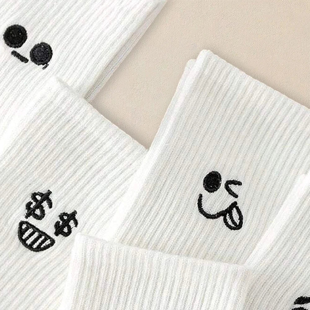 5/10/20 Pairs Men White Cartoon Socks Trendy Versatile Expression Socks With Simple Soft Breathable Comfortable Casual Socks