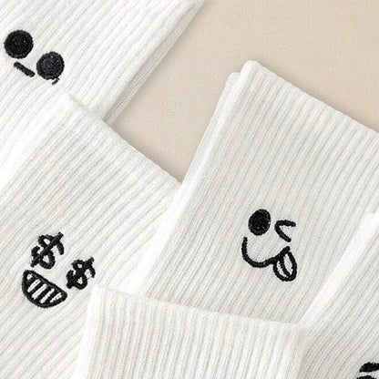 5/10/20 Pairs Men White Cartoon Socks Trendy Versatile Expression Socks With Simple Soft Breathable Comfortable Casual Socks