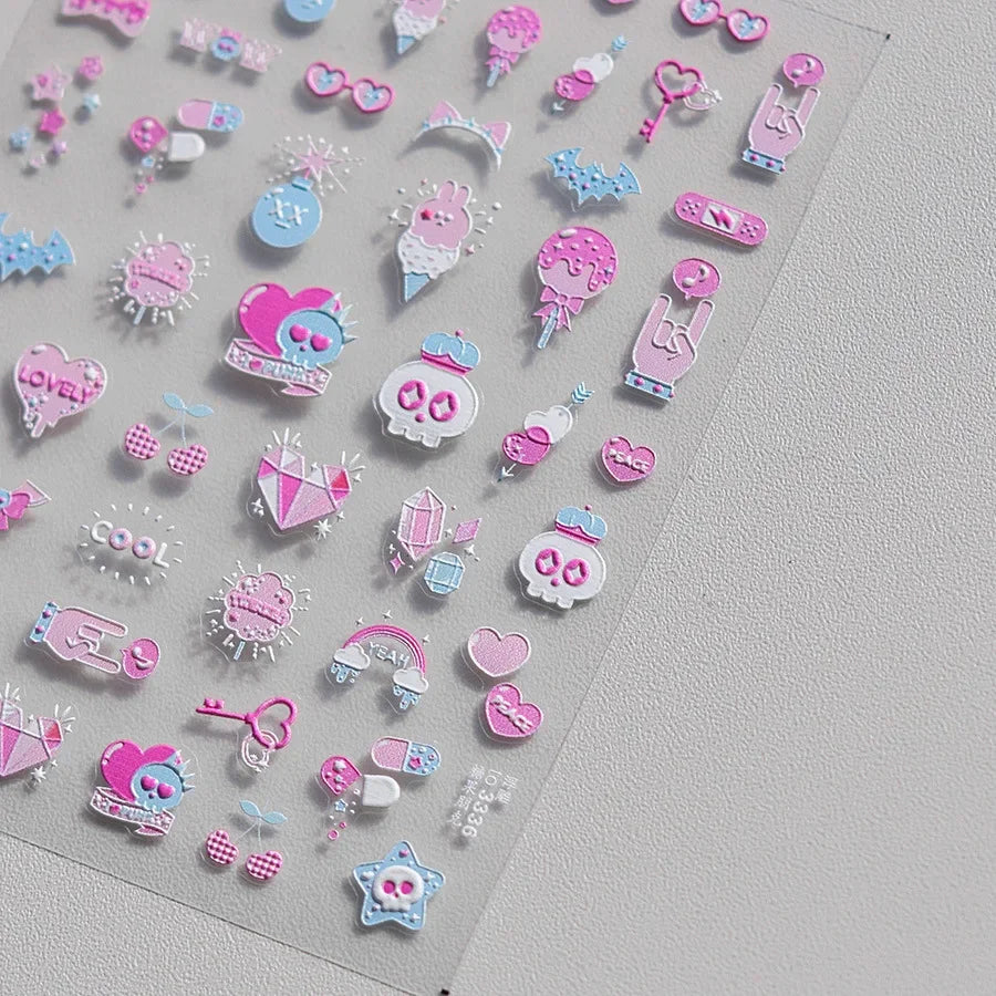 5D Pudding Jelly Dessert Fruit Cherry Pink Claw Print Bowknot Tie knot Love Heart Stars Nail Art Sticker Adhesive Manicure Decal