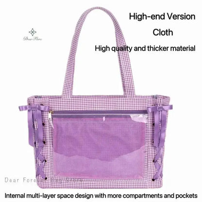 Japanese Sweet Women Ribbon Ita Bag Cute Lolita Girl Transparent Handbags Fashion Large Capacity Tote Bag Aesthetic Shoulder Bag