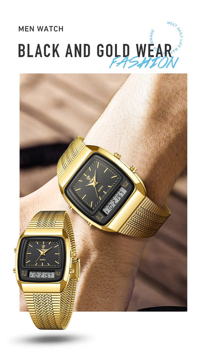 New Fashion Casual Watch Men Digital Dual Time Week Gold Sport 3bar Waterproof Quartz Wristwatches Clock relogio masculino L1030