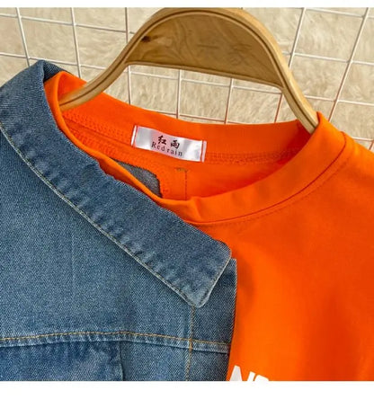 Retro Hong Kong Sle Chic Casual Mid-Length round Ne Patchwork Color Denim irt with Belt Spring New Women's Faion Top