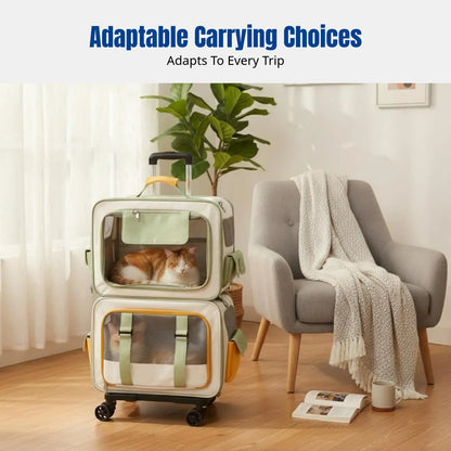 Home Cat Carrier Backpack, Dual-Compartment Pet Trolley, Spacious, Portable, Airline Travel Luggage for Multiple Cats and Dogs