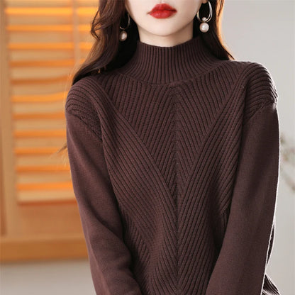 Women 100% Cotton Knit Sweater Half-high Collar Stripe Pullover Autumn Winter Thickened Bottoming Clothing Casual Knitted Tops
