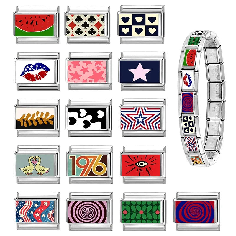 2026 Women Colored Star 1976 Eyes Heart Swan Watermelon Charms Italian Links Fit 9mm Bracelet Stainless Steel DIY Making Jewelry