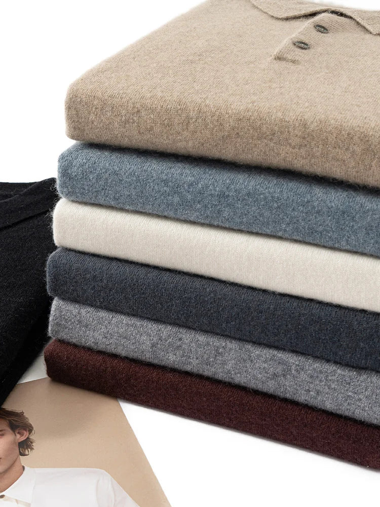 ANGEL 2024 Men's New POLO Shirt 100% Cashmere Knitted Pullover Solid Color Sweater Fall Winter Casual Business Office Jacket