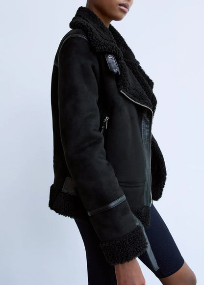 Winter Faux Shearling Sheepskin Fake Leather Jackets Lady Thick Warm Suede Lambs Motorcycle Brown Coats Mujer Chaqueta A407