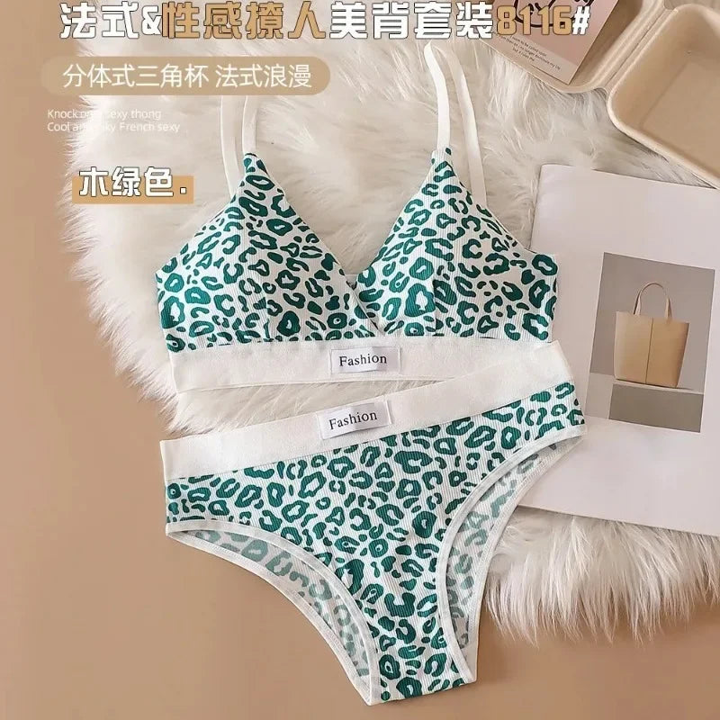 Summer New Women's Leopard Print Traceless and Steel Rim Bra Adjustable Shoulder Strap Back Women's Underwear Set