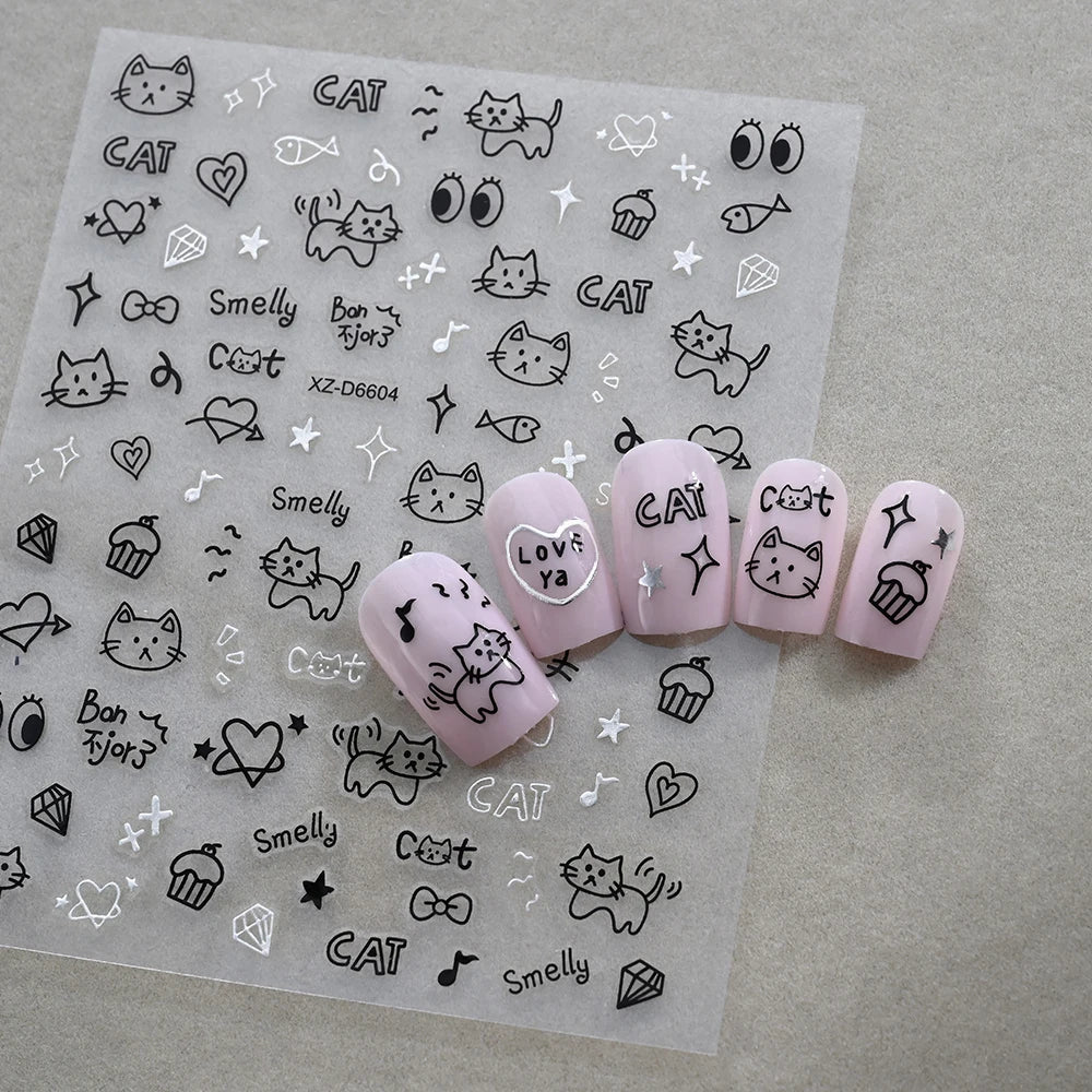 12pcs/set Cute Cartoon Dog/Cat Nail Art Stickers 3D Graffiti Black Cat Dog  Nail Decals 8*10cm Self-Adhesive Cartoon Nail Art Su