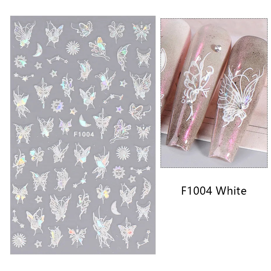 Black and White Love Flowers Line Art 3D Stickers Nail Decals Nail Art Accessories Butterfly Rose Nail Stickers Nail Sliders