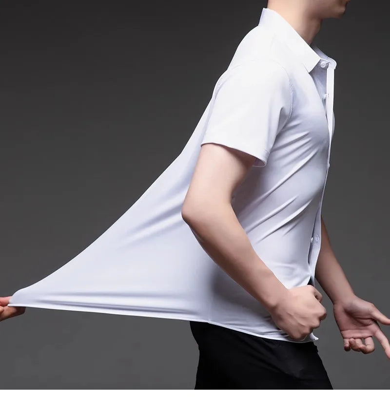 High Quality Dress Shirts For Men Business Casual Seamless Wrinkle Resistant Button Soft Elastic Luxurious Male White Clothing