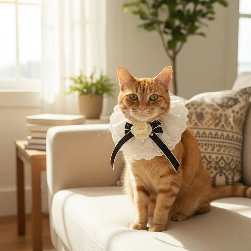 Elegant Design Pearl Pet Collar Princess Style Lace Collar Bowtie Silk Material Headgear Pet Bow Accessories Special Occasions