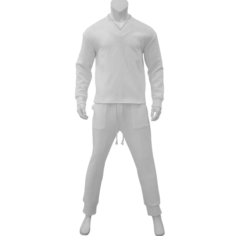 2025 Cross-border New Men's Casual Trousers V-Neck Versatile Jacquard Knitted Sweater Set