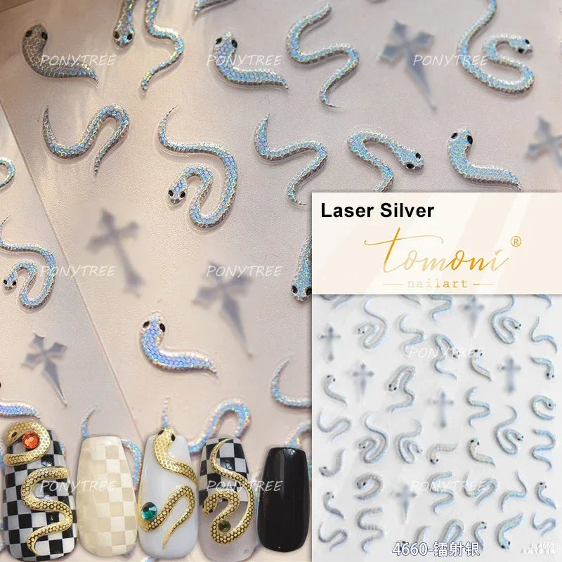 5D Gold Stamped Silver Sun Stars Snake Nail Art Stickers Totems Reliefs Self Adhesive Dark Chinese Style Manicure Decals