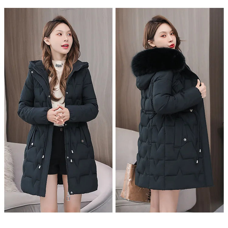 Hooded Women Parkas Coats Mid LenthJackets  Oversize Solid Fur Collar Zipper Drawstring Waist Loose Casual 2025 Autumn Winter