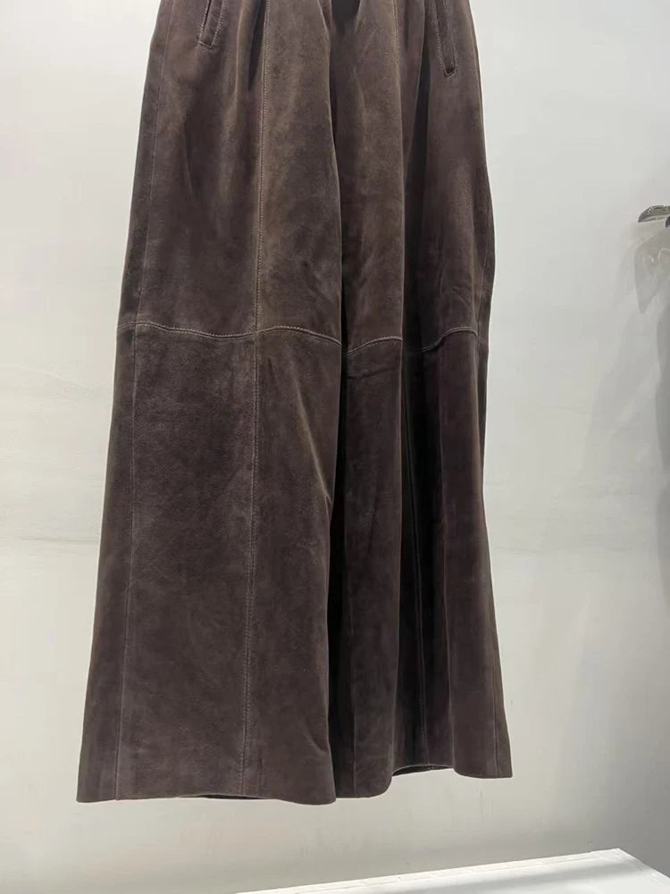 Retro Suede Leather Cropped Pants for Women Femae Genuine Leather Wide Leg Floor Long Trousers Straight Cylinder Spodnie Damskie
