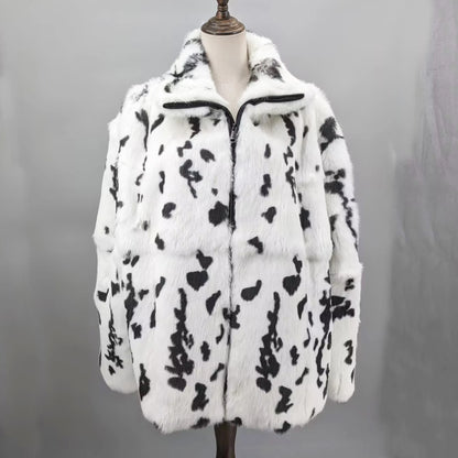 Women Real Rabbit Fur Coat High Collar Winter Jacket Make of One Rabbit Fur Cross Mink Pattern