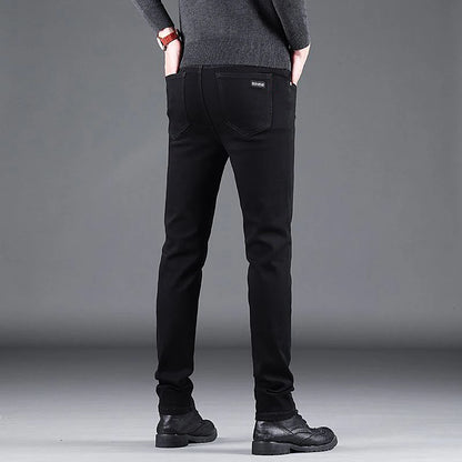Spring Autumn New Men's Pure Black Slim Jeans Elastic Straight Pants Business Fashion Leisure Korean Vintage Denim Pants Male