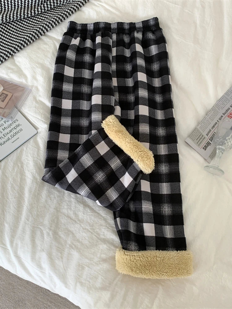 JMPRS Fashion Warm Plush Pants Thick Plaid Women Casual Loose Wide Leg Trousers Korean Streetwear Straight Student Pants New