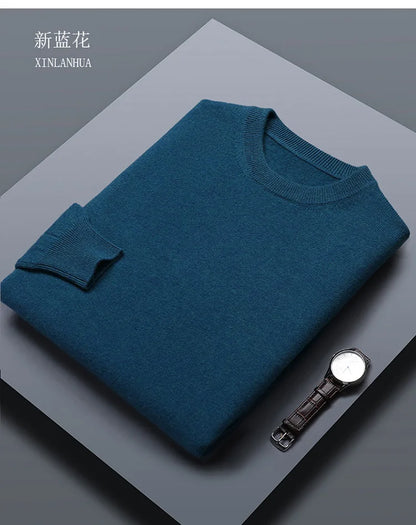 Classic Solid Color Men's O-neck Sweater Autumn Winter 100% Merino Wool Knitted Pullover Long Sleeve Warm Loose Casual Men Tops