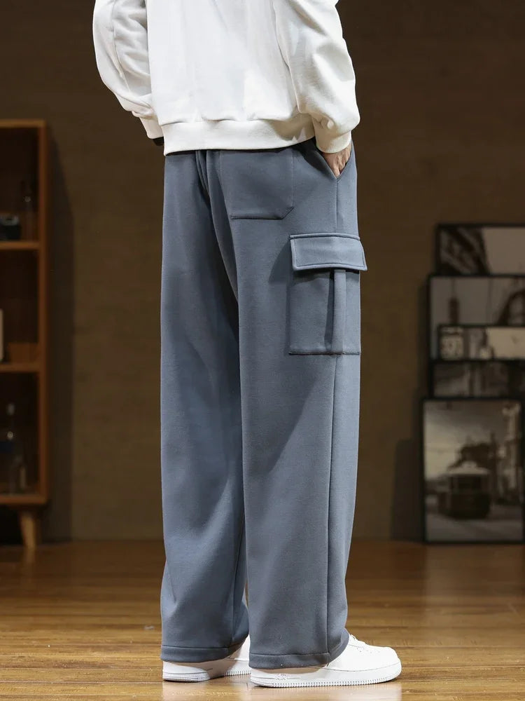 2024 New Sweatpants Men Multi-Pockets Drawstring Cotton Casual Wide Pants Male Loose Straight Trousers Large Size 8XL