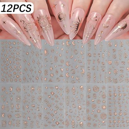 12Pcs 3D Gold Star Moon Sun Nail Stickers 10*8cm Y2K Starlight Self-adhesive Nail Decals Snake Cat Slider DIY Manicure Accessory