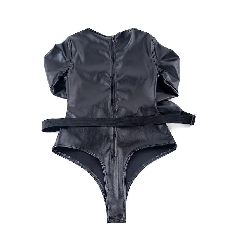 Leather Long Sleeve Bodysuit Straight Jacket with Crotch Strap,SM Game Bondage Armbinder Harness,Slave Role Costume BDSM Sex toy