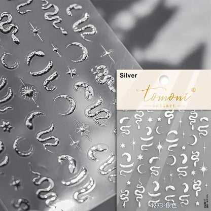 5D Gold Stamped Silver Sun Stars Snake Nail Art Stickers Totems Reliefs Self Adhesive Dark Chinese Style Manicure Decals