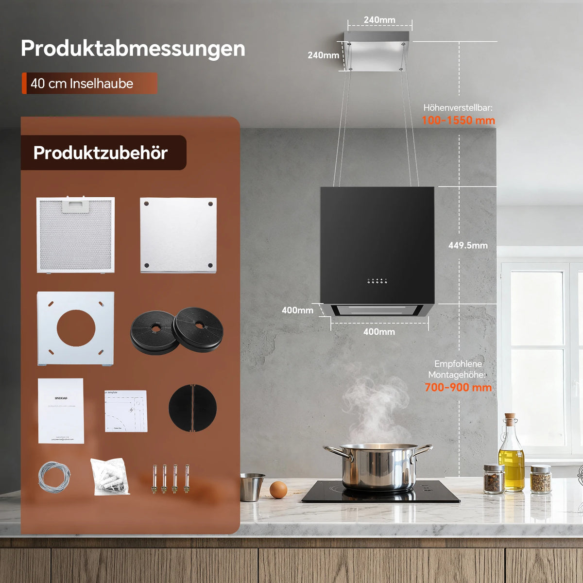 Island Hood 700/800m³/h, A+ Energy, 5-Layer Filter, LED, Ductless, Black, CE, Push Button